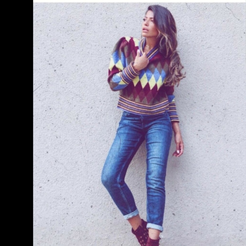 Zara Argyle Diamond Print Knit Sweater Long Slv - Picture 2 of 8